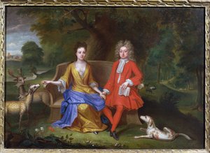 Ritratto di Sir Charles Shuckburgh e sua moglie, Diana, con Shuckburgh Hall, Warwickshire sullo sfondo, c.1690